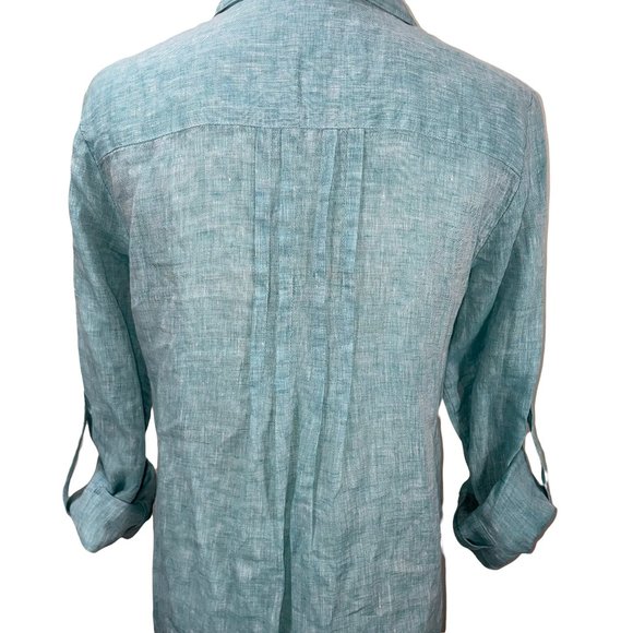 Lafayette 148 Linen Henley Oversized Long Teal White Top Tunic Button Down - Picture 11 of 12